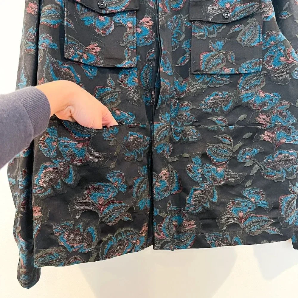 Soulland Black Floral Collared Bohemian Festival Style Button Down Canvas Jacket - Picture 6 of 12